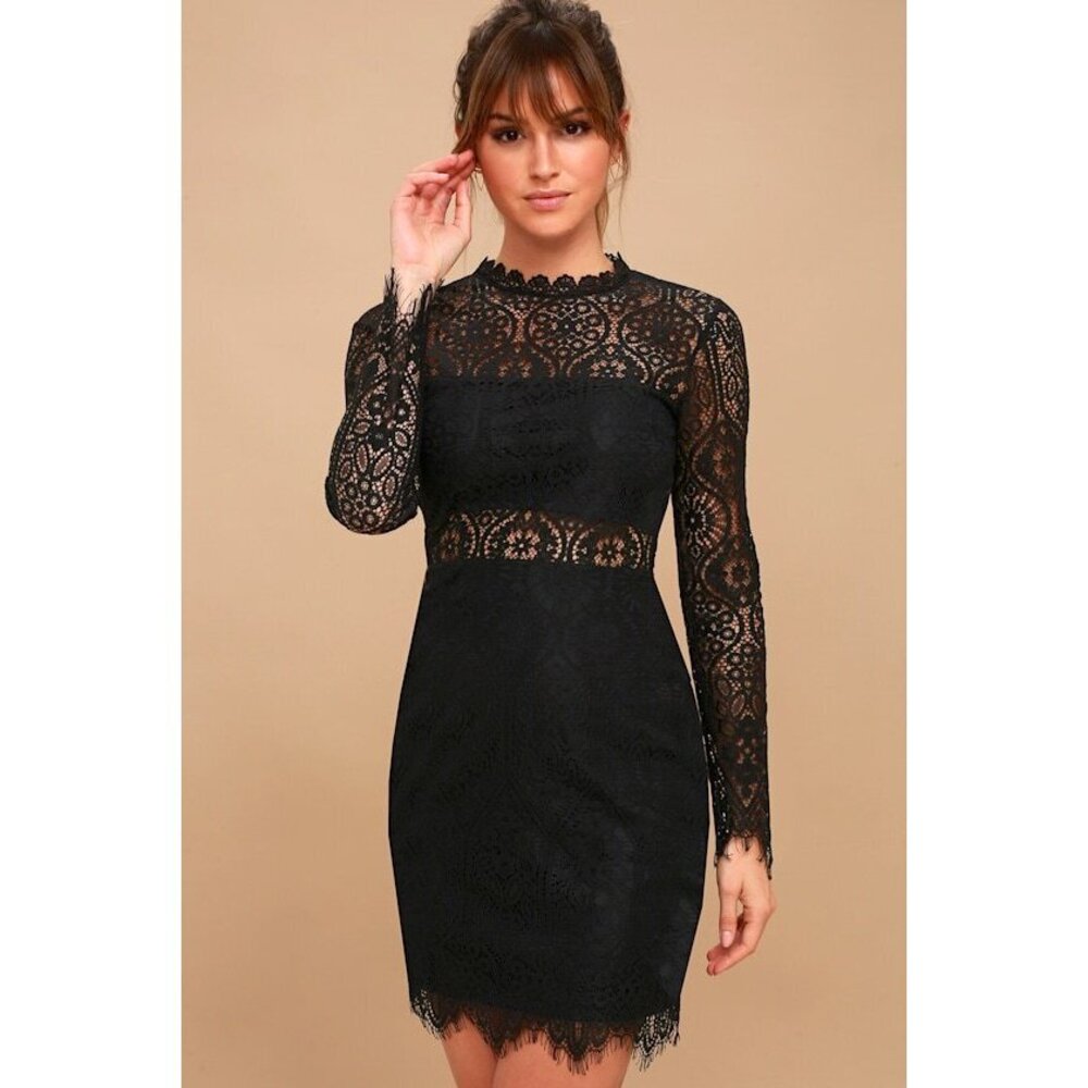 Lulus Appetite For Seduction Black Lace Long Sleeve Dress - Size S